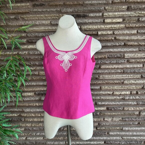 Kasper Bright Pink White Linen Blend Embroidered Scroll Jacket and Shell Outfit - Picture 8 of 12